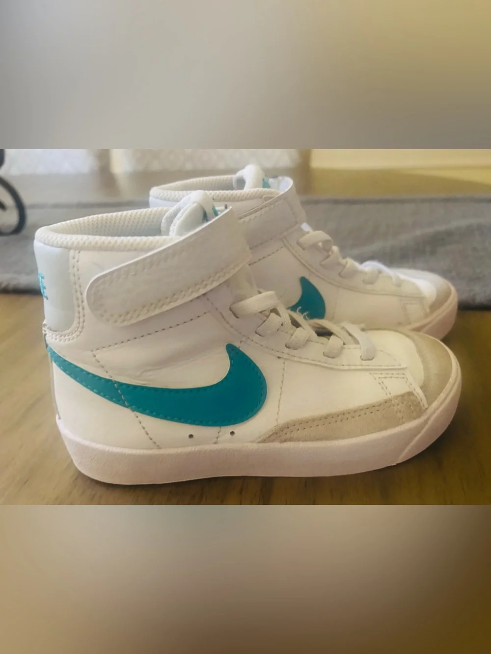 Nike Kids White High-Top Sneakers with Teal Swoosh